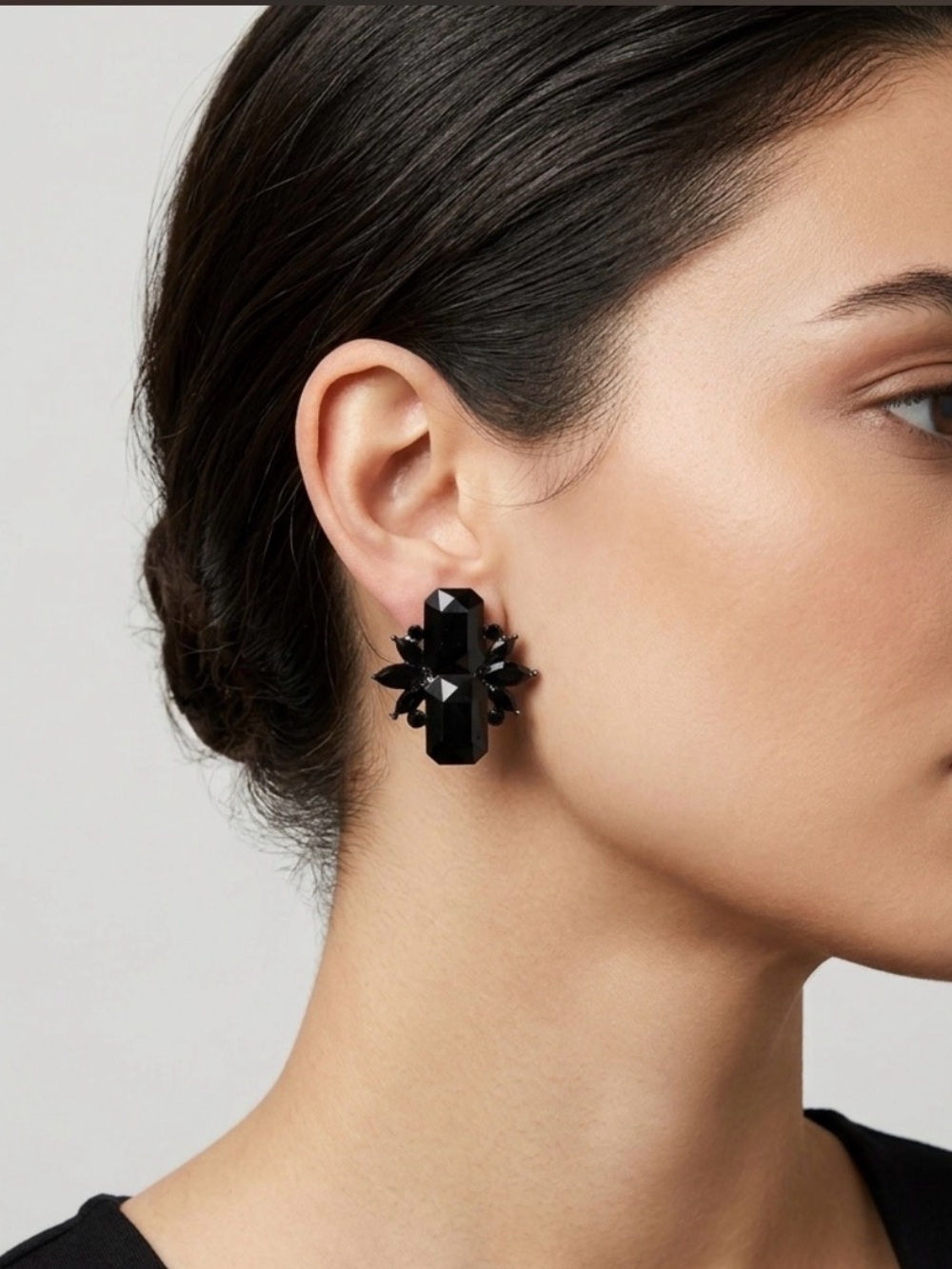 Black Faceted Crystal Emerald Cut Marquise Cluster Statement Stud Earrings Goth